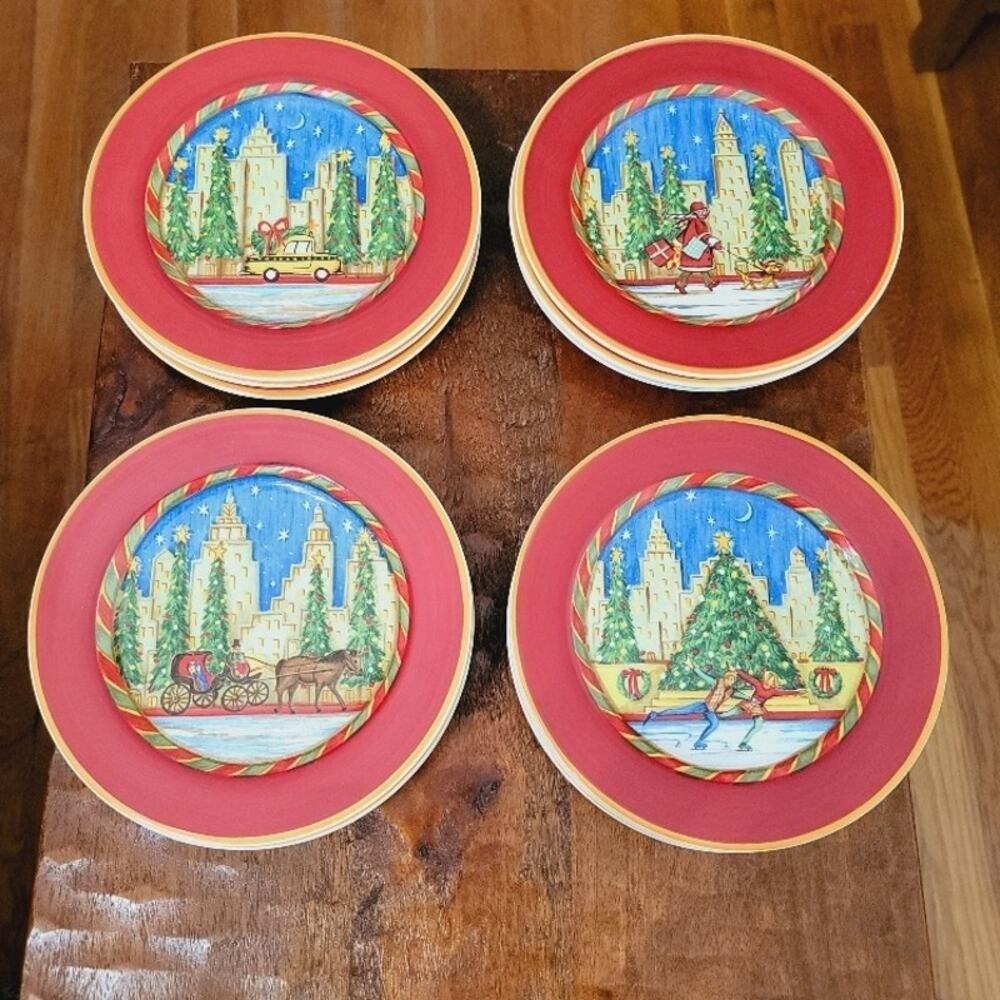 Sango Christmas 8" Plates Christmastime in the City C. Fischer Set of 4‎